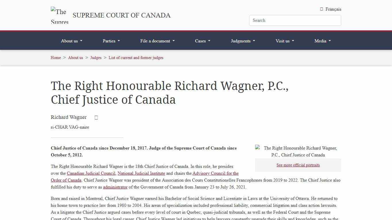 Supreme Court of Canada The Right Honourable Richard Wagner, P.C., Chief Justice of Canada